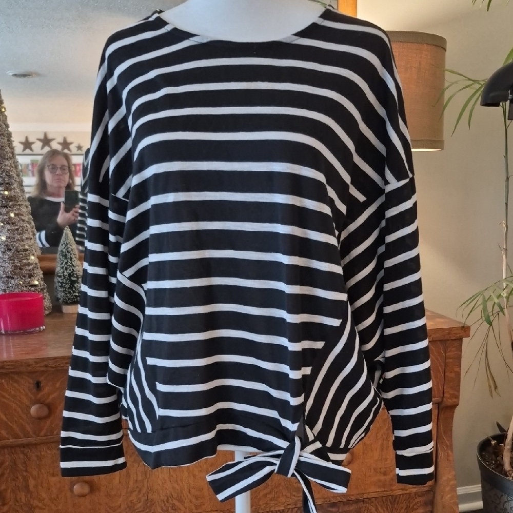 She + Sky Striped Long Sleeve Top with Tie Detail